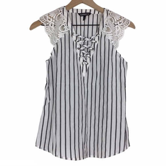 EXPRESS Top Blouse Tank Sleeveless Lace Tie Up Stripe Lightweight Sheer Size XS - Picture 8 of 8